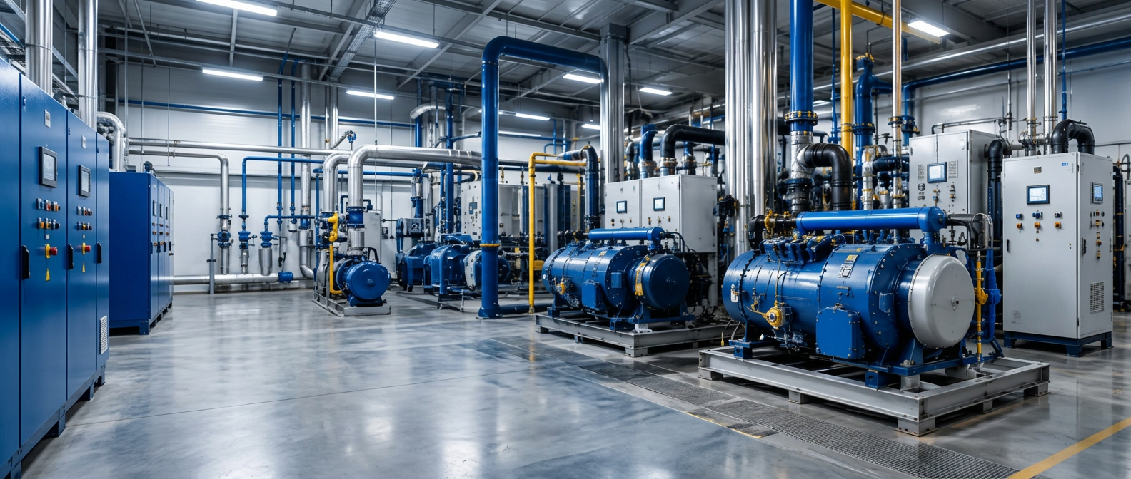 Planta industrial de refrigeración con compresores y tuberías