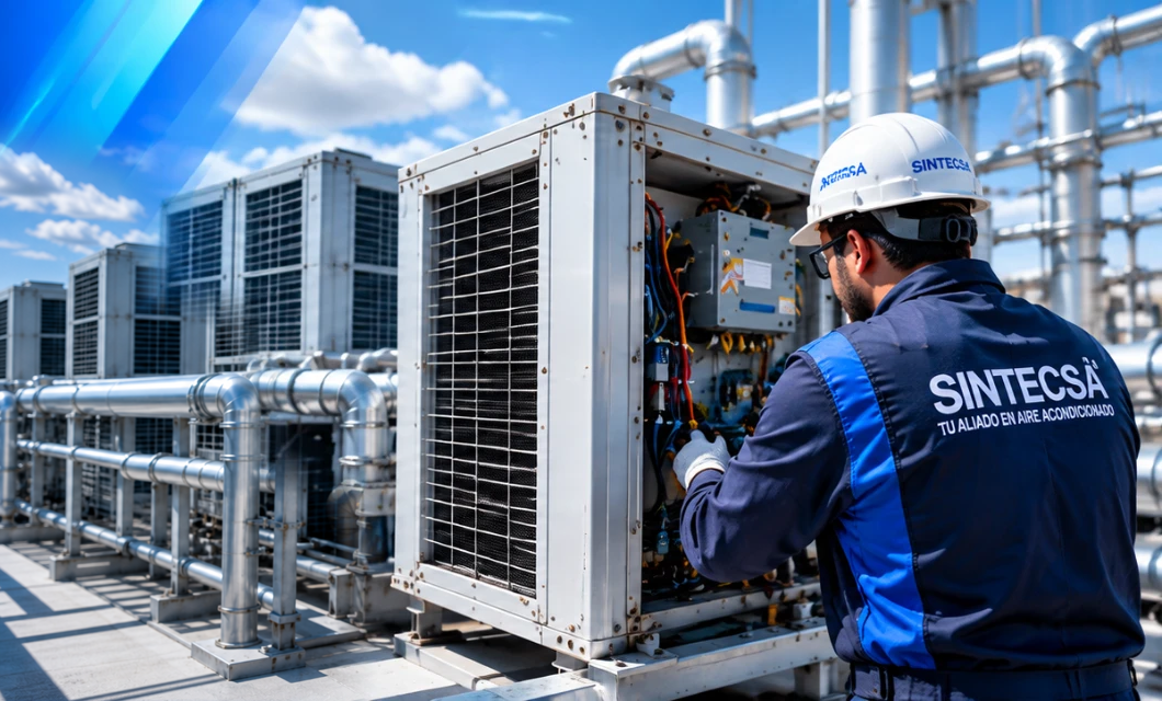 Técnico SINTECSA dando servicio a equipos de aire acondicionado industriales