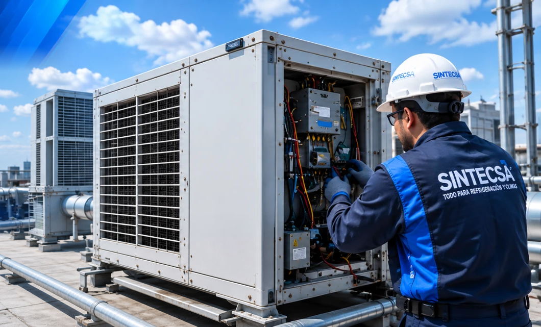 Técnico de SINTECSA dando mantenimiento a equipo de aire acondicionado en azotea